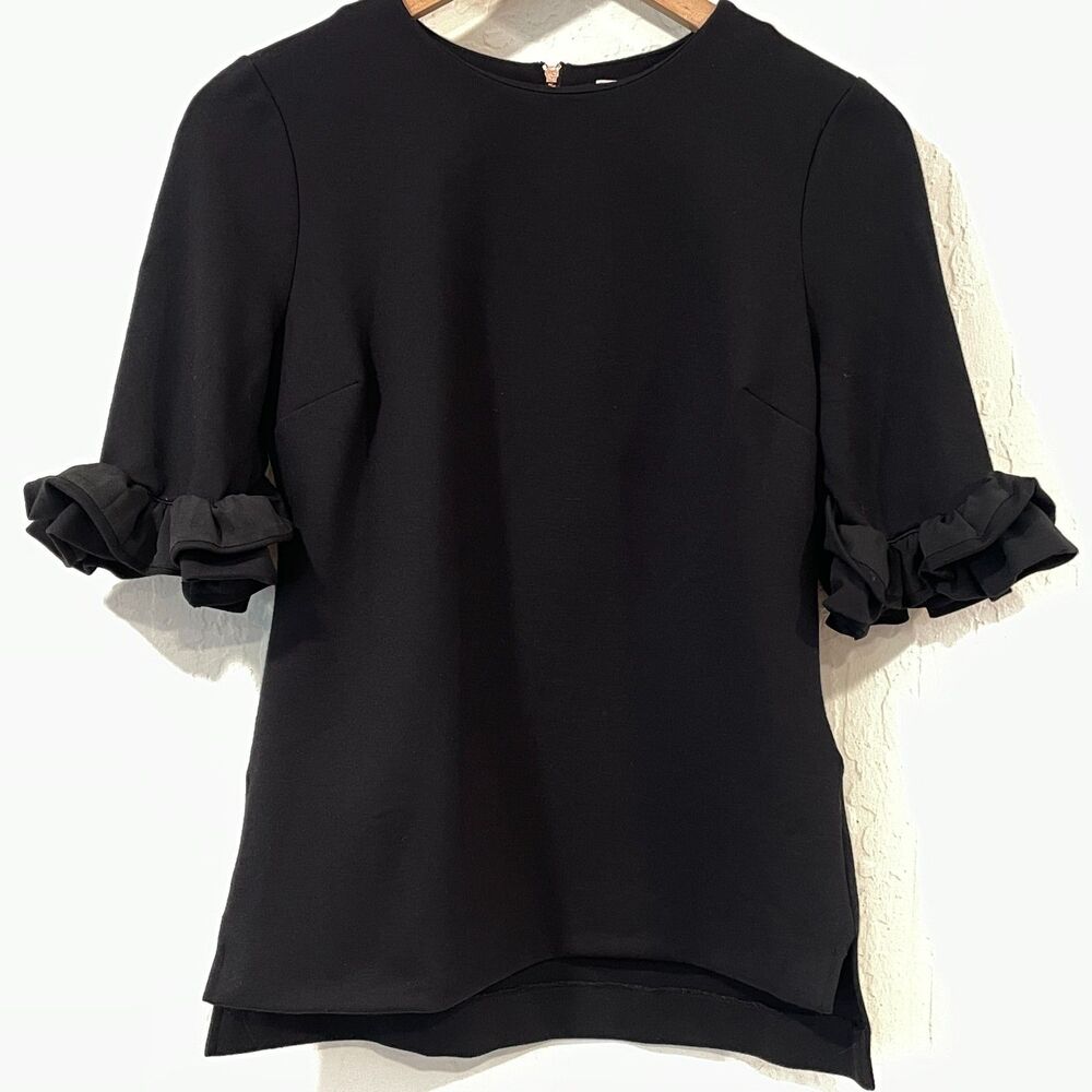 ~ Ted Baker US 4-6 (Ted size 1) Black Kaylle Ruffle-Trim Half Sleeve Top Stretch